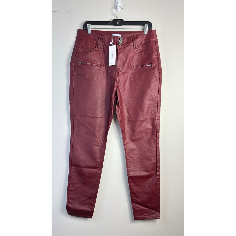 Ecupper Coated Skinny Pants Burgundy Red Faux Leather Look Women Size 14-16